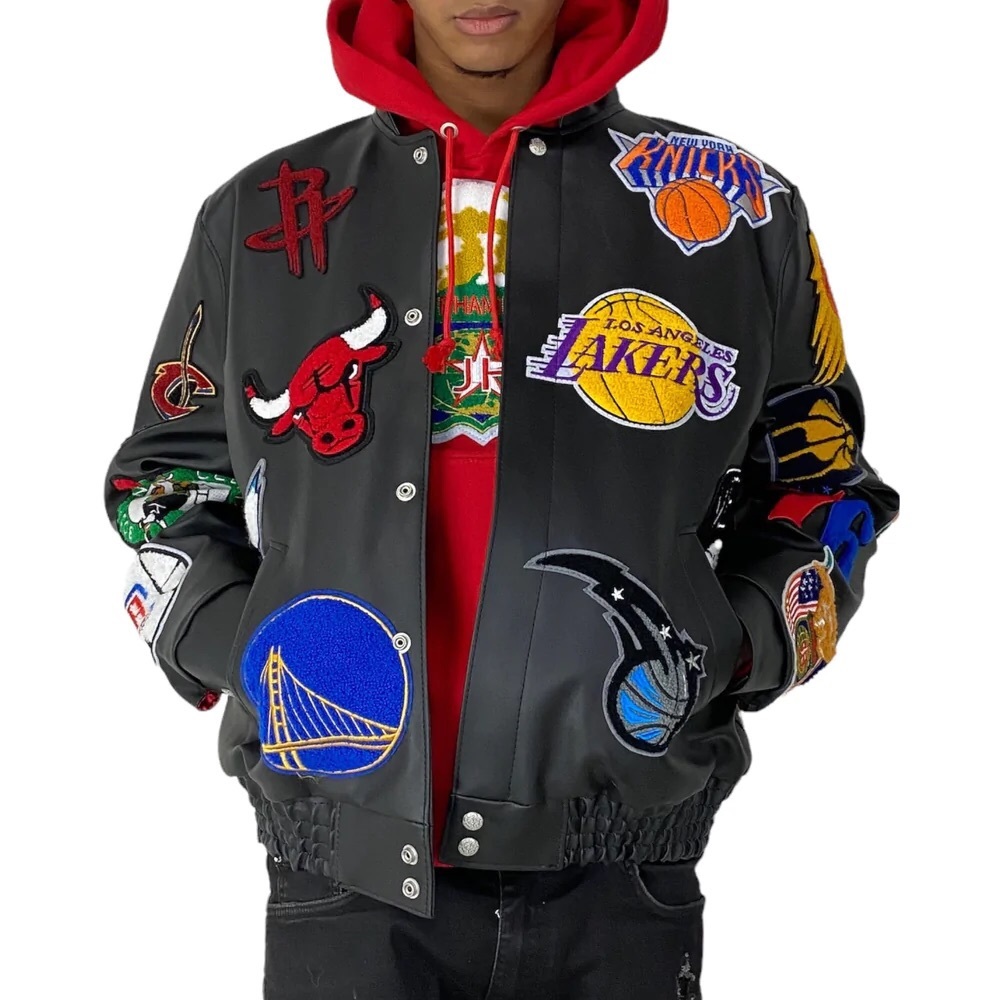 JEFF HAMILTON NBA Team Patches Leather Vegan Leather   Jacket  - black